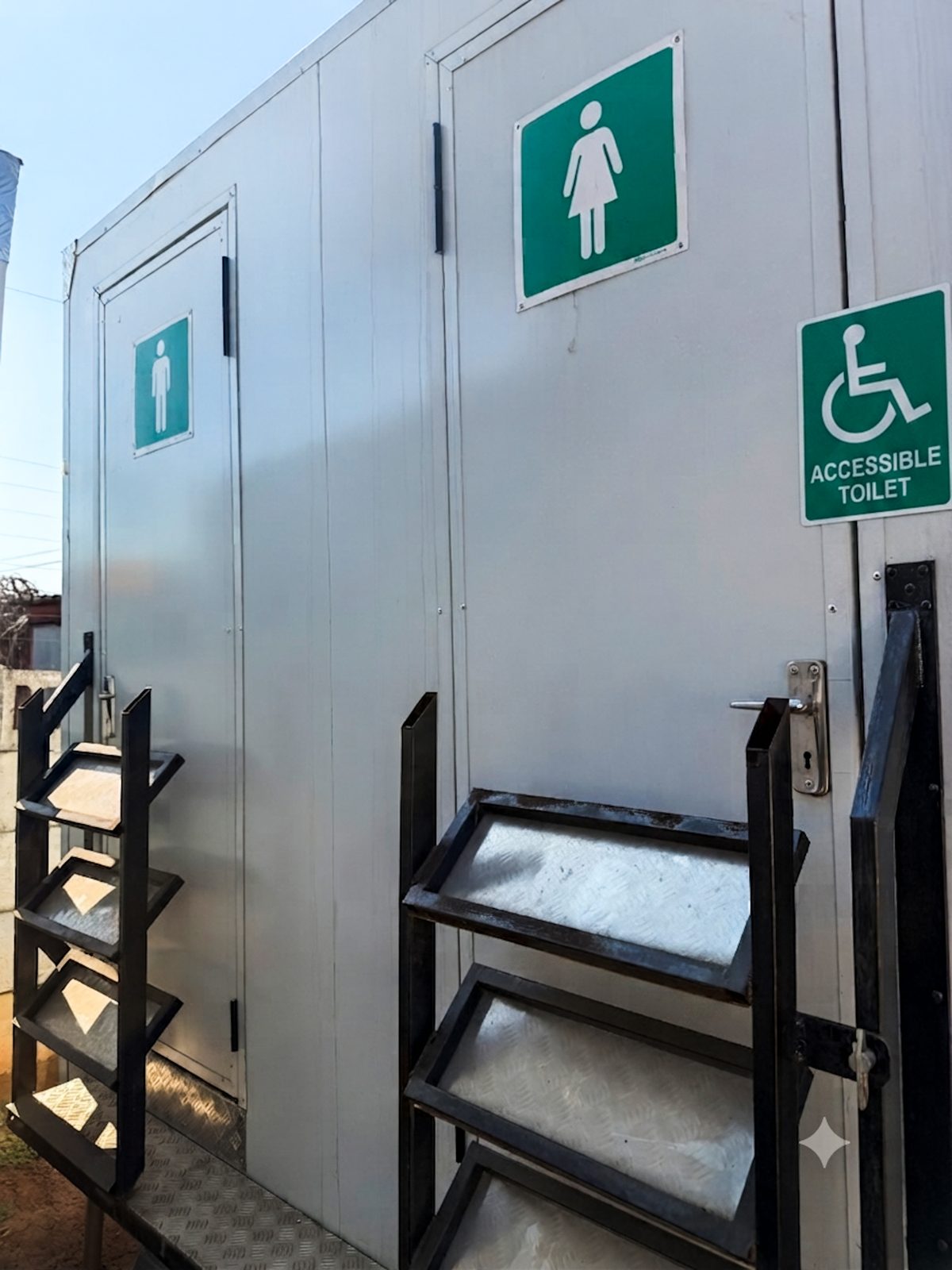 Male, female and accessible toilet doors with signage